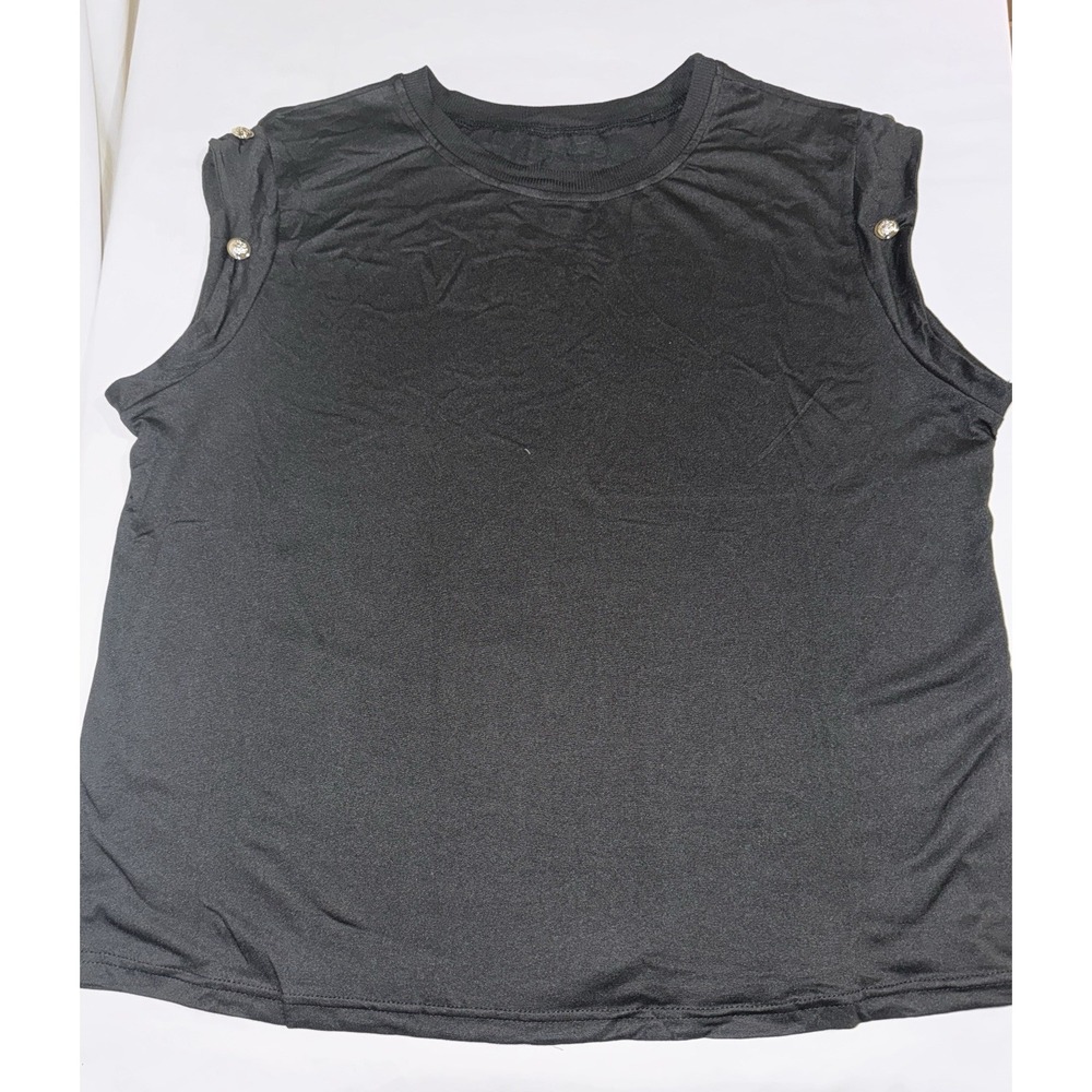 Women's XL Black High Neck Wide Shoulder Sleeveless Shirt Gold Embellishments